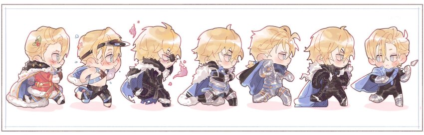 1boy, :<, ahoge, armor, belt, black_armor, black_pants, blonde_hair