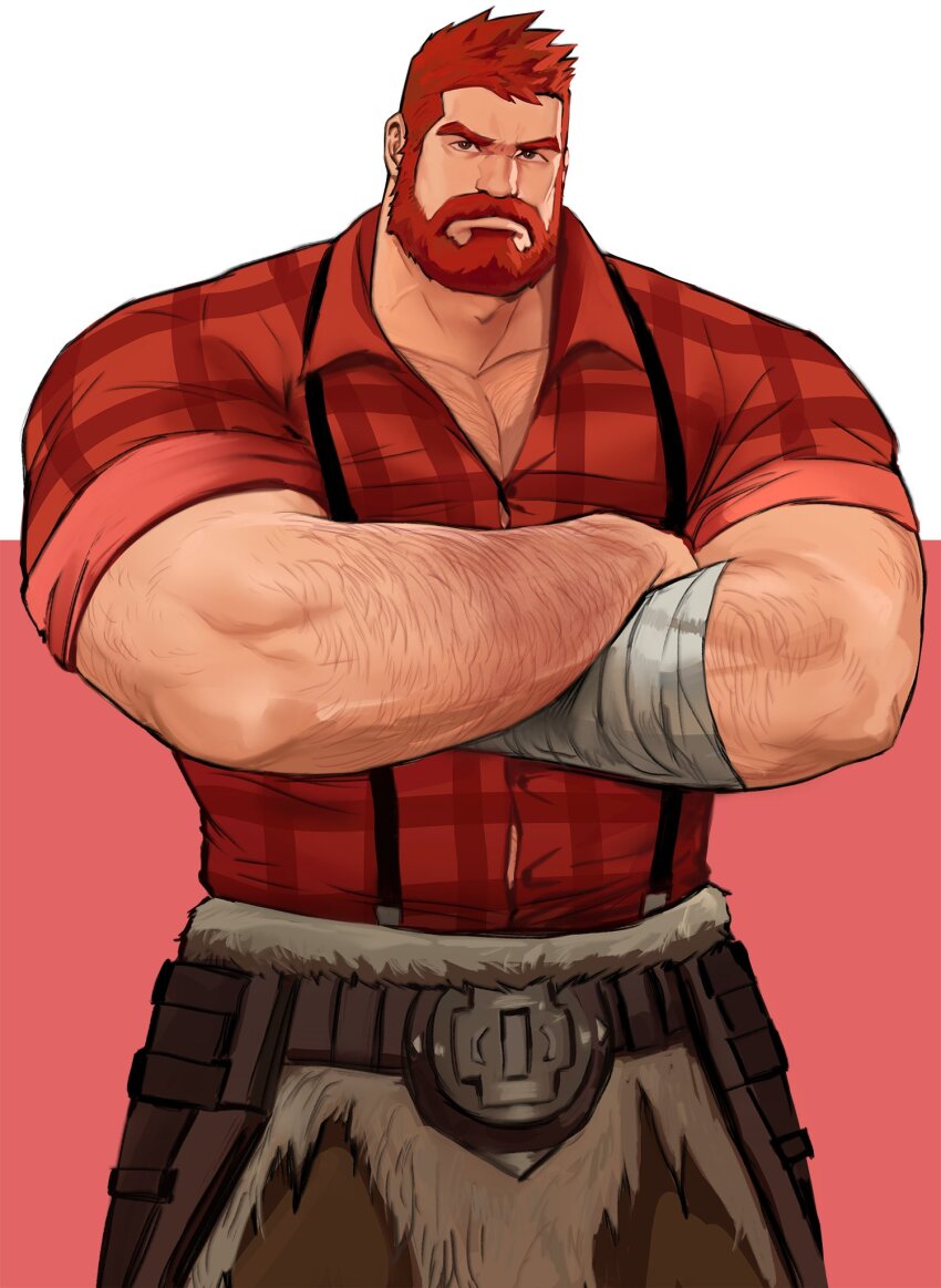 1boy, bandaged_arm, bandages, bara, beard, collared_shirt, cowboy_shot, crossed_arms, dopey_(dopq), facial_hair, frown, full_beard, hairy, highres, large_pectorals, logan_(lustful_desires), looking_at_viewer, lustful_desires, male_focus, mature_male, muscular, muscular_arms, muscular_male, pants, pectoral_cleavage, pectorals, shirt, short_hair, solo, sparse_chest_hair, standing, thick_arm_hair, thick_beard, thick_eyebrows