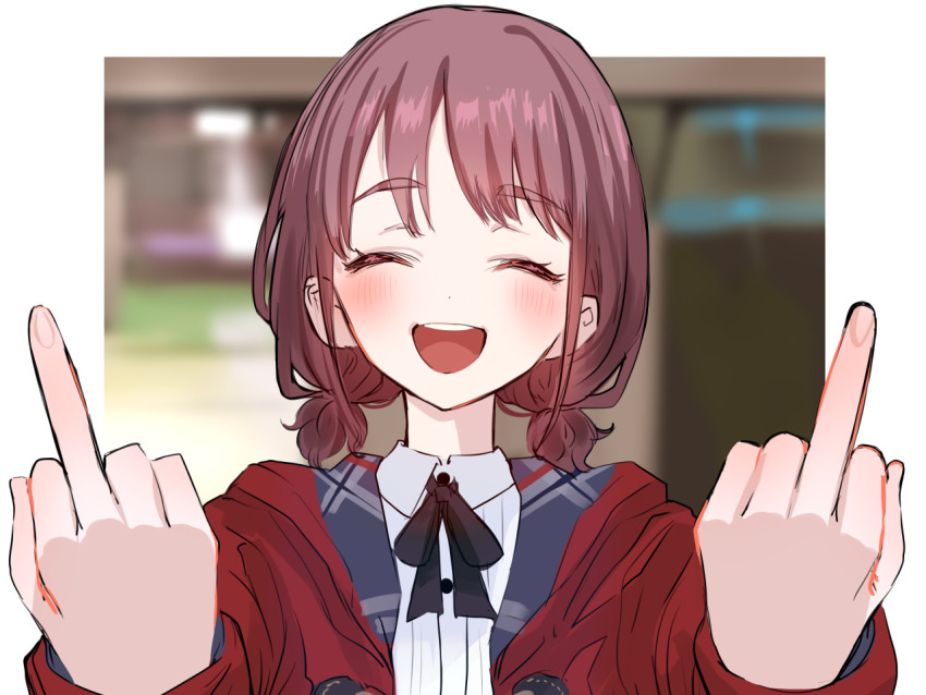 1girl, ^_^, black_ribbon, blurry, blurry_background, blush, border, brown_hair