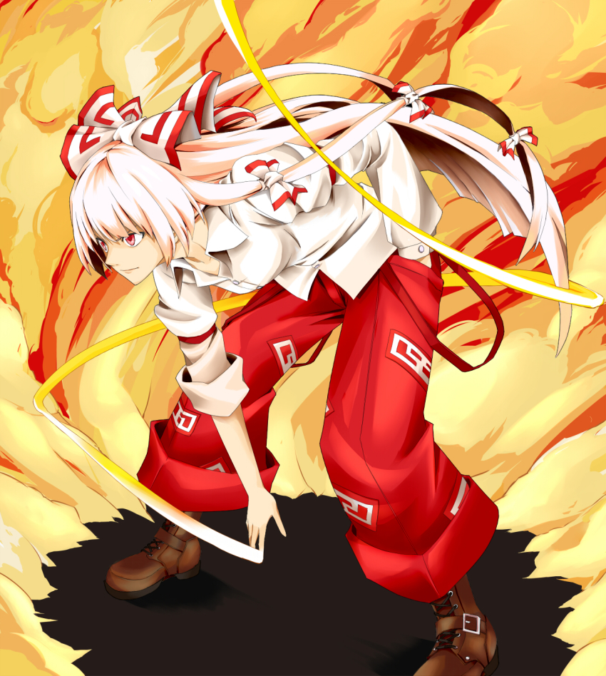1girl, bow, female_focus, fire, fujiwara_no_mokou, hand_in_pocket, highres, ikuichi