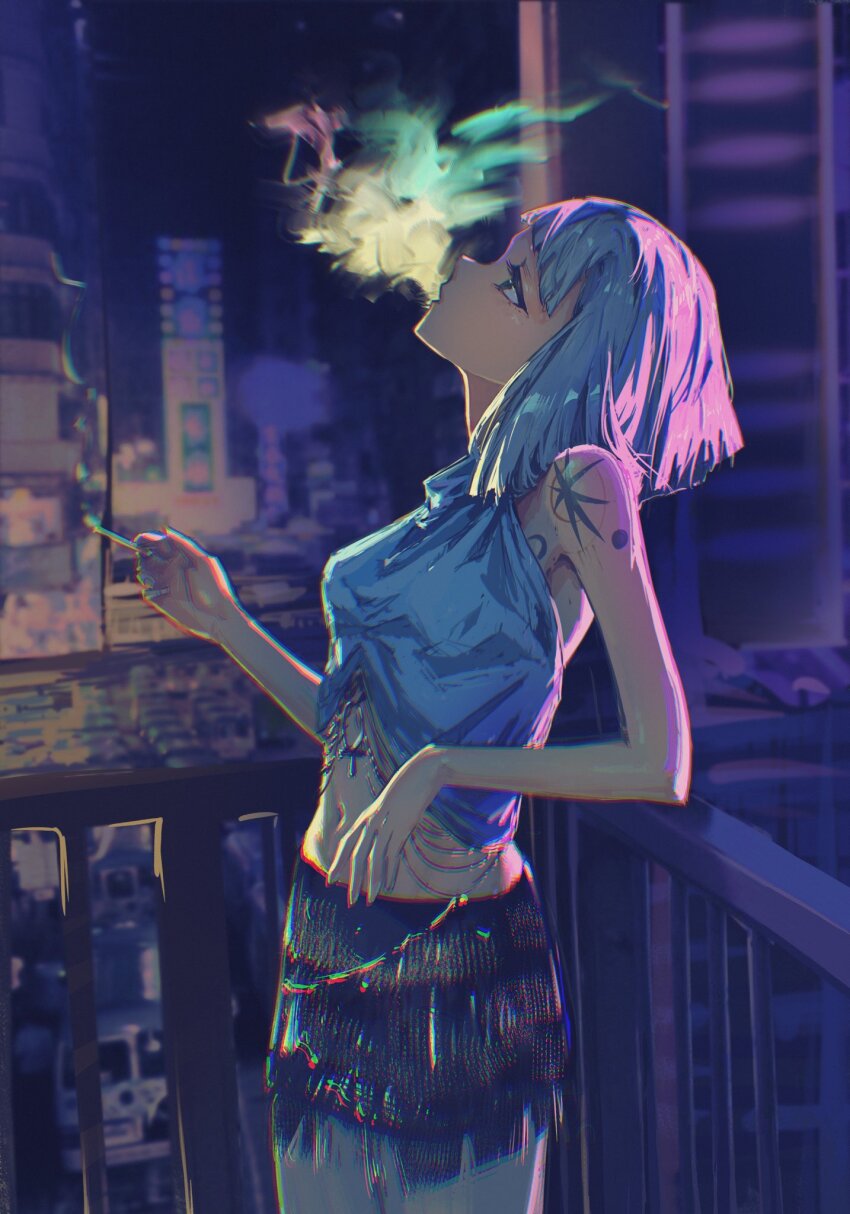 1girl, against_railing, bare_shoulders, black_skirt, blowing_smoke, blue_eyes, blunt_bangs, blunt_ends, cigarette, city, cowboy_shot, facing_up, from_side, grey_hair, grey_tank_top, highres, holding, holding_cigarette, mercuria_(reverse:1999), midriff, miniskirt, moondown_(twtmoondown), navel, night, profile, railing, reverse:1999, short_hair, shoulder_tattoo, sidelighting, skirt, smoking, solo, tank_top, tattoo