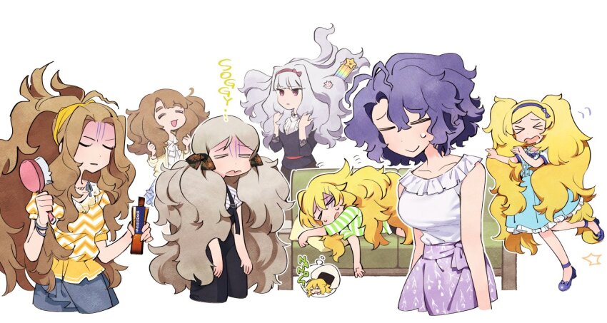 >_<, 6+girls, =_=, antenna_hair, bettermenty, commentary, couch, cropped_legs