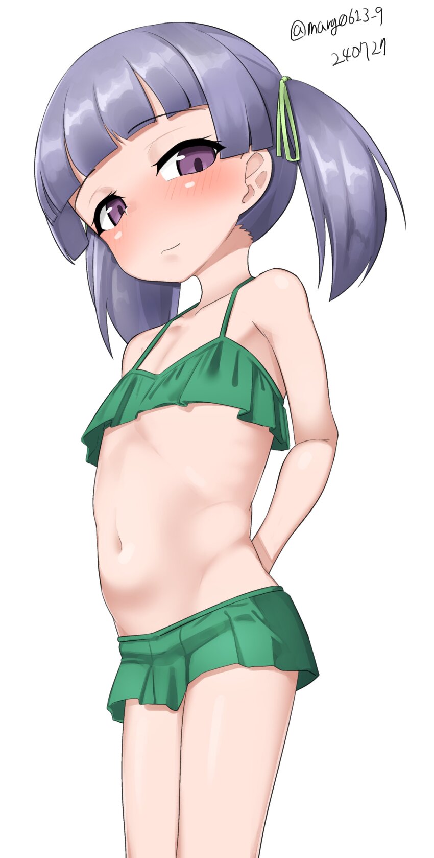 1girl, absurdres, arms_behind_back, bikini, bikini_skirt, blunt_bangs, collarbone, cosplay, dated, feet_out_of_frame, flat_chest, green_bikini, grey_eyes, grey_hair, highres, kantai_collection, kasumi_(kancolle), kasumi_kai_ni_(kancolle), kasumi_kai_ni_(kancolle)_(cosplay), kasumi_kai_ni_(swimsuit)_(kancolle), maru_(marg0613), medium_hair, navel, one-hour_drawing_challenge, ooshio_(kancolle), simple_background, solo, swimsuit, trait_connection, twintails, twitter_username, white_background