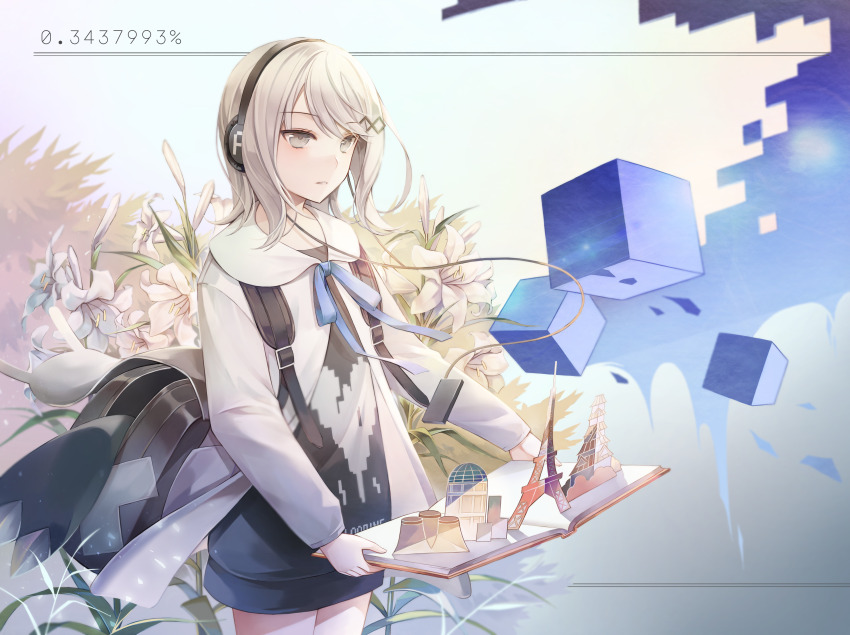 1girl, absurdres, backpack, bag, blue_ribbon, book, cowboy_shot, flat_chest