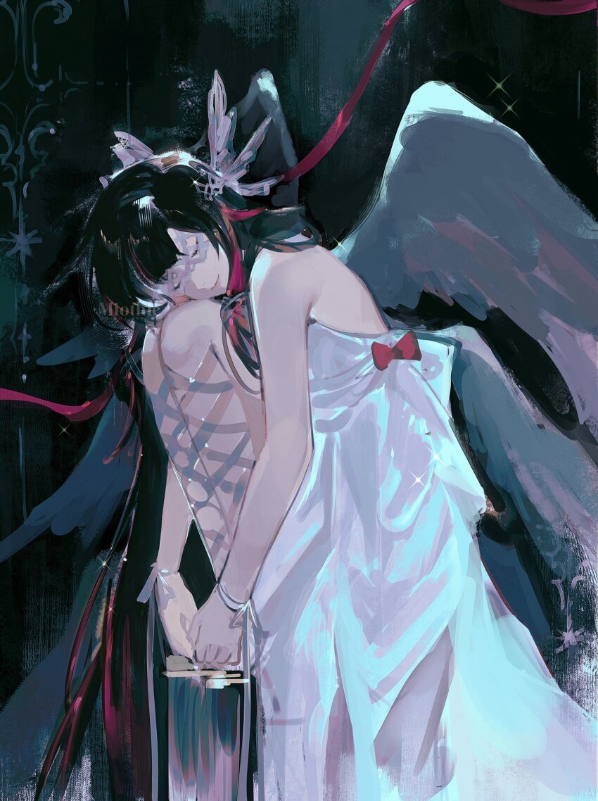 1girl, alternate_costume, black_background, black_hair, blunt_bangs, closed_eyes, closed_mouth, columbina_(genshin_impact)