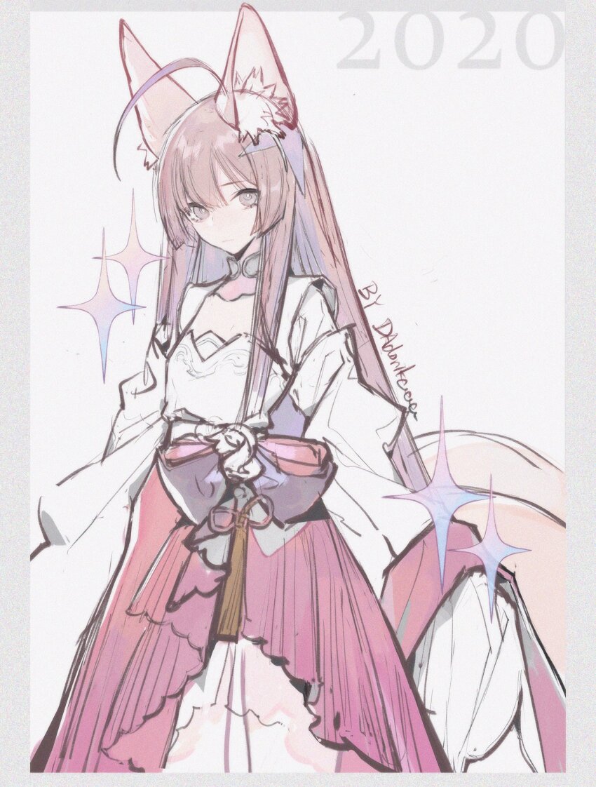 1girl, ahoge, animal_ears, black_eyes, black_hair, closed_mouth, cowboy_shot, dadonikaaaaaaaaaaa, dress, flat_chest, forever_7th_capital, fox_ears, grey_background, hakama, hakama_skirt, highres, hime_cut, japanese_clothes, jyuuku_(forever_7th_capital), long_hair, looking_at_viewer, skirt, standing, star_(symbol), very_long_hair