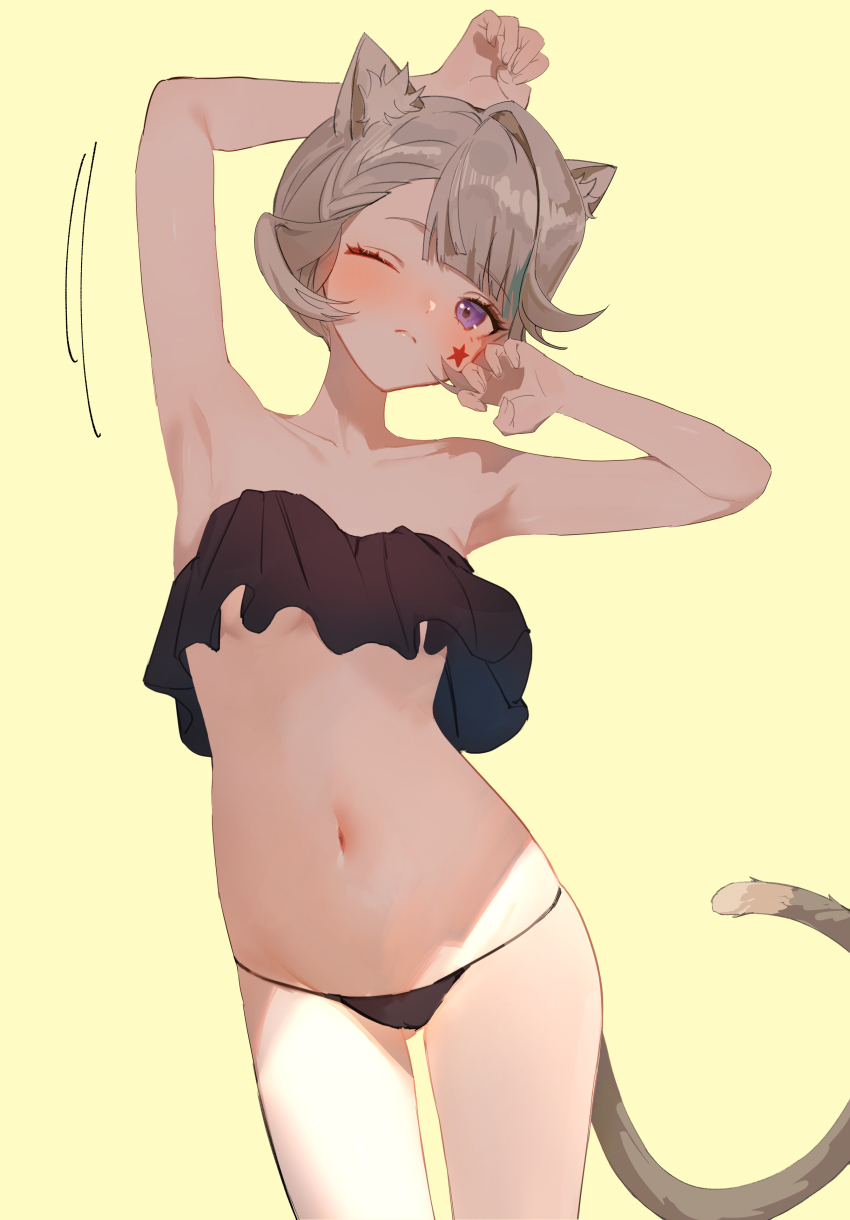 1girl, absurdres, animal_ear_fluff, animal_ears, armpits, arms_up, bikini, black_bikini, breasts, cat_ears, cat_girl, cat_tail, frilled_bikini, frills, genshin_impact, head_tilt, highres, kuqfh, lynette_(genshin_impact), navel, one_eye_closed, panties, purple_eyes, short_hair, simple_background, small_breasts, solo, star_(symbol), star_print, stomach, string_panties, swimsuit, tail, underwear, yellow_background
