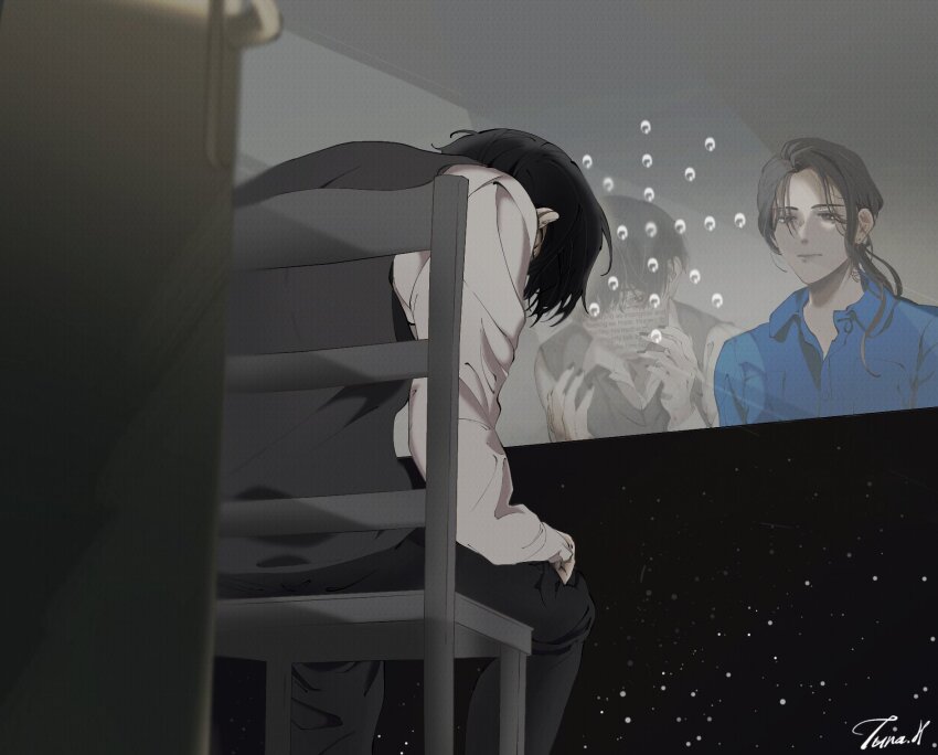 1boy, 1girl, aged_down, artist_name, black_hair, blue_shirt, chair, collared_shirt