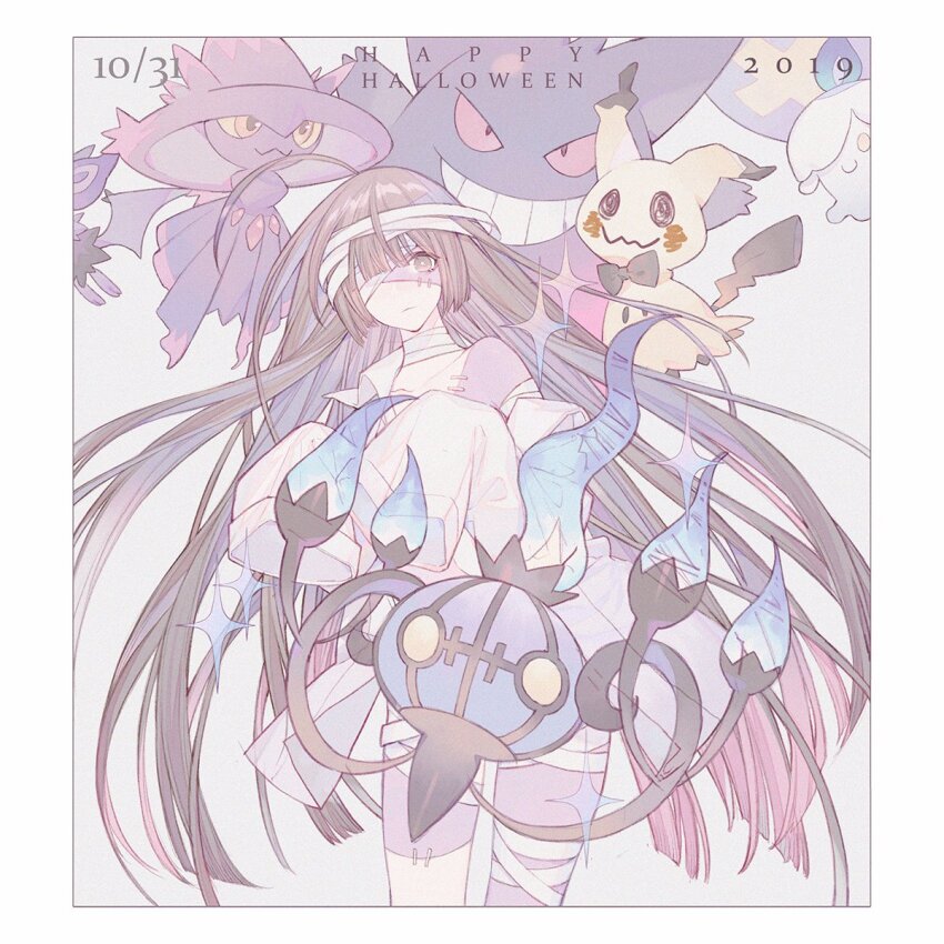 1girl, ahoge, bandage_over_one_eye, bandaged_arm, bandaged_head, bandaged_leg, bandages, bare_shoulders