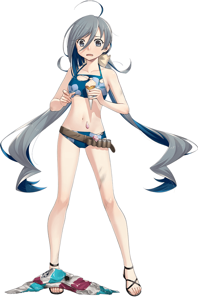 1girl, ahoge, ammunition_belt, belt, blue_one-piece_swimsuit, brown_belt, bruise, burnt_clothes