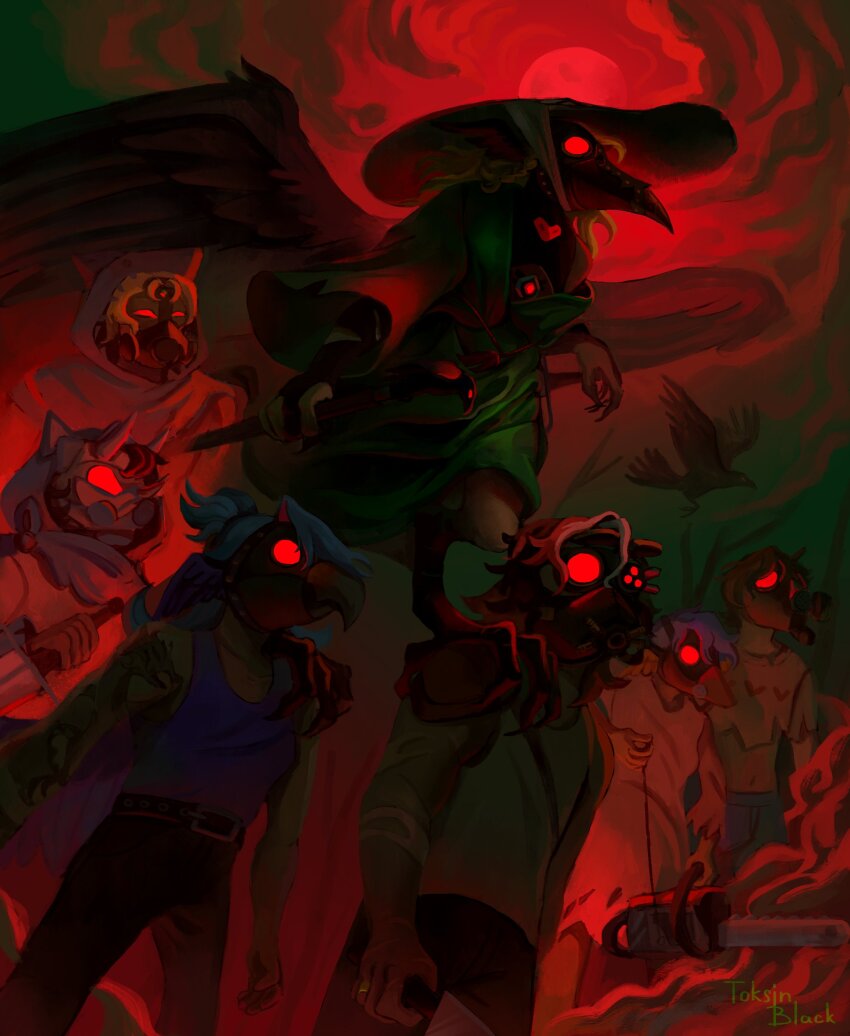 2girls, 5boys, absurdres, animal_legs, baghera_jones, bird, bird_boy, bird_legs, bird_wings, carre, cellbit, chainsaw, cloud, commentary, english_commentary, everyone, feathered_wings, foolish_gamers, gas_mask, glowing, glowing_eyes, hat, highres, holding, holding_chainsaw, indie_virtual_youtuber, jaiden_animations, mask, minecraft_youtube, moon, multiple_boys, multiple_girls, outdoors, perching, ph1lza, plague_doctor_mask, purgatory_(quackity_smp), quackity_smp, red_eyes, red_moon, red_theme, slimecicle, standing, team_bolas_(quackity_smp), toksinblack, virtual_youtuber, wings