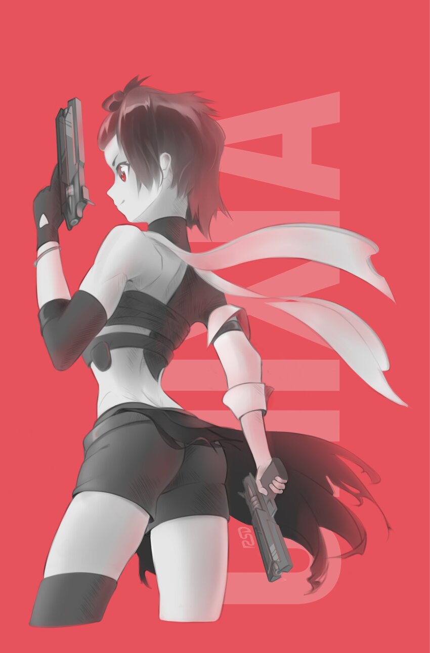 1girl, absurdres, ass, chixia_(wuthering_waves), coat, cropped_legs, dual_wielding, from_behind