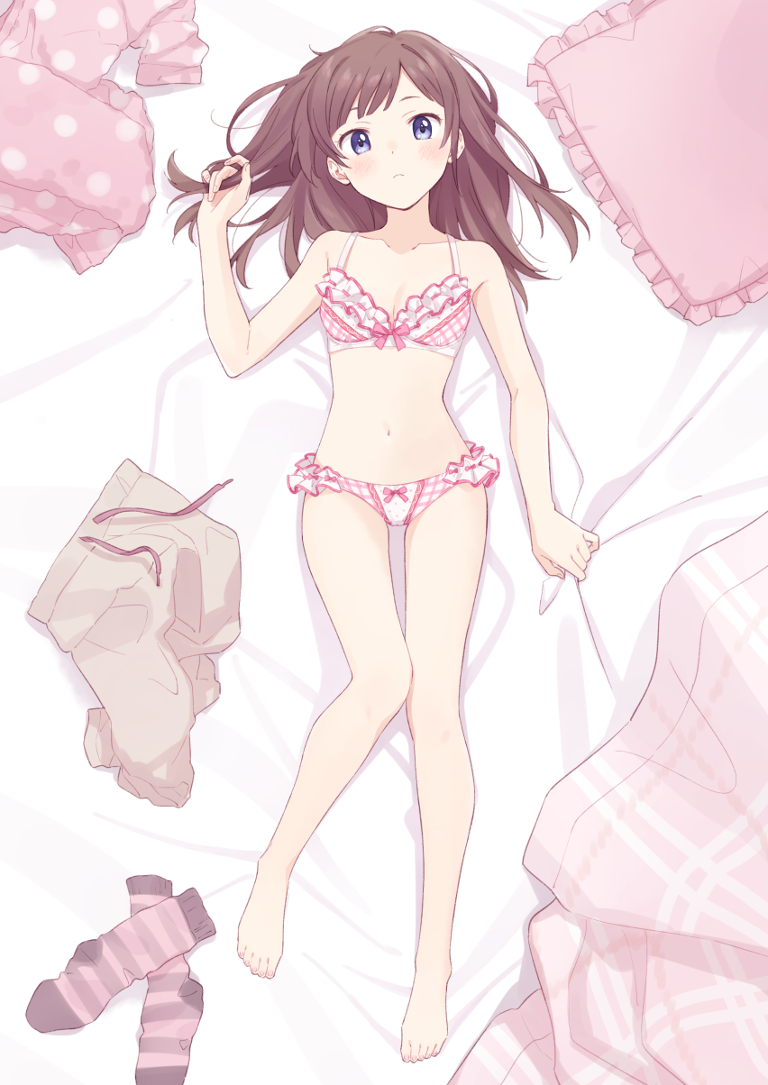 1girl, barefoot, bed, blue_eyes, blush, bow, bow_bra, bow_panties