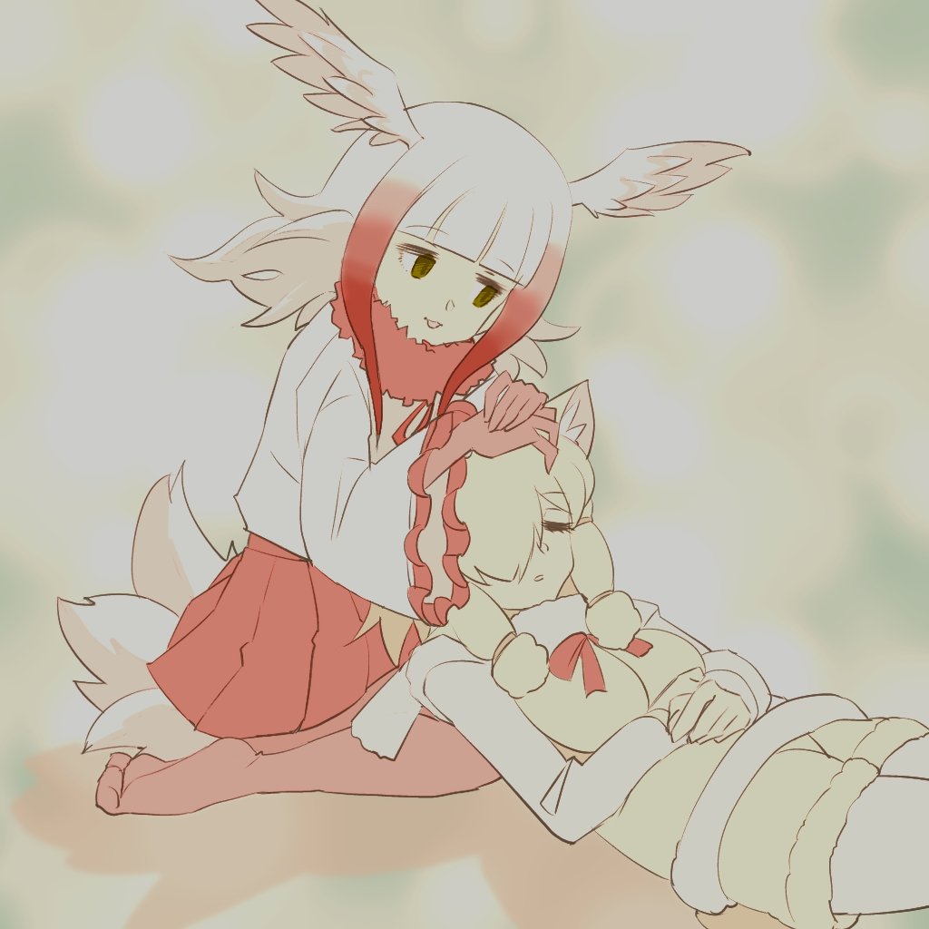 2girls, alpaca_ears, alpaca_suri_(kemono_friends), alpaca_tail, animal_ears, bird_girl, bird_tail, bird_wings