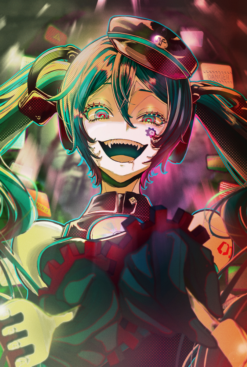 1girl, absurdres, aqua_eyes, aqua_hair, blurry, cd, colored_eyelashes, commentary_request, crazy_eyes, cuffs, daysandayo, depth_of_field, dress, drooling, facial_tattoo, factory_tyrant_(module), fangs, fork, from_below, gears, gloves, green_gloves, handcuffs, hatsune_miku, hatsune_miku_(factory_tyrant), heart, heart-shaped_pupils, highres, holding, holding_fork, holding_knife, impending_doom, knife, long_hair, looking_at_viewer, multicolored_eyes, musical_note-shaped_pupils, open_mouth, project_diva_(series), red_eyes, ringed_eyes, sadistic_music_factory_(vocaloid), sharp_teeth, shoulder_tattoo, sign, sleeveless, sleeveless_dress, solo, symbol-shaped_pupils, tattoo, teeth, tongue, twintails, very_long_hair, vocaloid, warning_sign