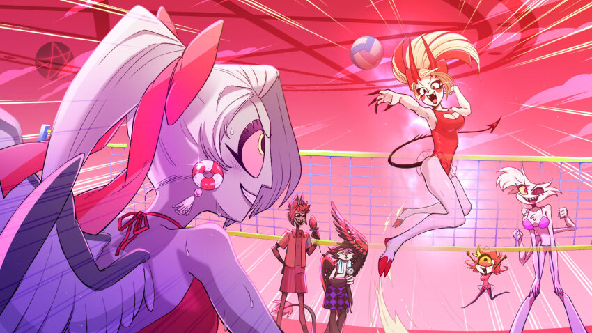 3boys, 3girls, alastor_(hazbin_hotel), angel_dust, angel_wings, ball, bare_legs, bikini, bow, charlie_morningstar, claws, colored_sclera, colored_skin, commentary, crossdressing, demon_girl, demon_horns, demon_tail, extra_arms, grey_skin, hair_bow, hazbin_hotel, hellaverse, highres, hooves, horns, husk_(hazbin_hotel), jumping, midair, multiple_boys, multiple_girls, niffty_(hazbin_hotel), one-piece_swimsuit, pink_sclera, playing_sports, re_lv2000, red_horns, red_one-piece_swimsuit, sharp_teeth, swimsuit, untranslatable_commentary, tail, teeth, vaggie, volleyball, volleyball_(object), volleyball_net, wings