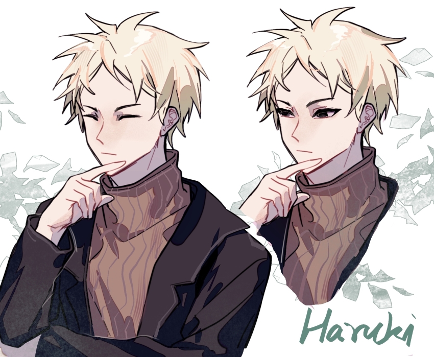 1boy, :|, atou_haruki, black_hair, black_jacket, blonde_hair, brown_sweater, character_name