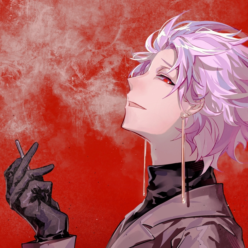 1boy, black_gloves, black_sweater, blowing_smoke, bright_pupils, brown_jacket, chinese_commentary, cigarette