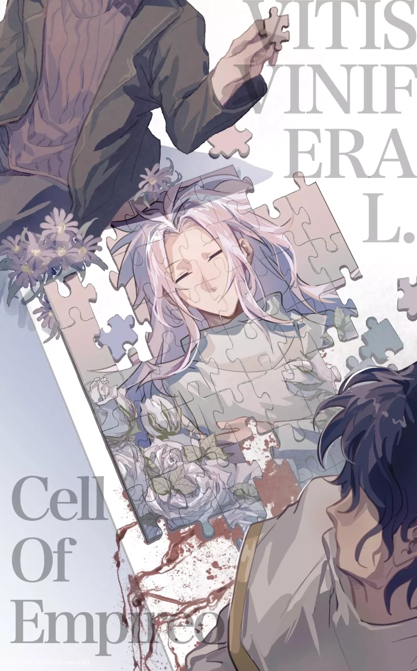 3boys, black_jacket, black_pants, blood, blue_hair, capelet, commentary_request, copyright_name, dark_blue_hair, flower, gold_trim, harada_minoru, hatsutori_hajime, head_out_of_frame, highres, holding, holding_puzzle_piece, jacket, jigsaw_puzzle, latin_text, long_hair, male_focus, msm2311, multiple_boys, open_clothes, open_jacket, pants, parted_bangs, pink_hair, purple_flower, purple_sweater, puzzle, puzzle_piece, ribbed_sweater, rose, saibou_shinkyoku, shirt, sweater, utsugi_noriyuki, white_capelet, white_flower, white_rose, white_shirt