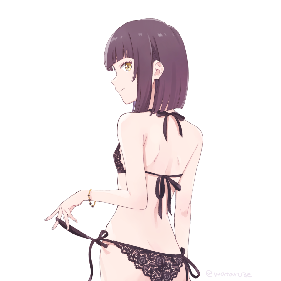 1girl, ass, black_bra, black_hair, black_panties, bra, breasts, closed_mouth
