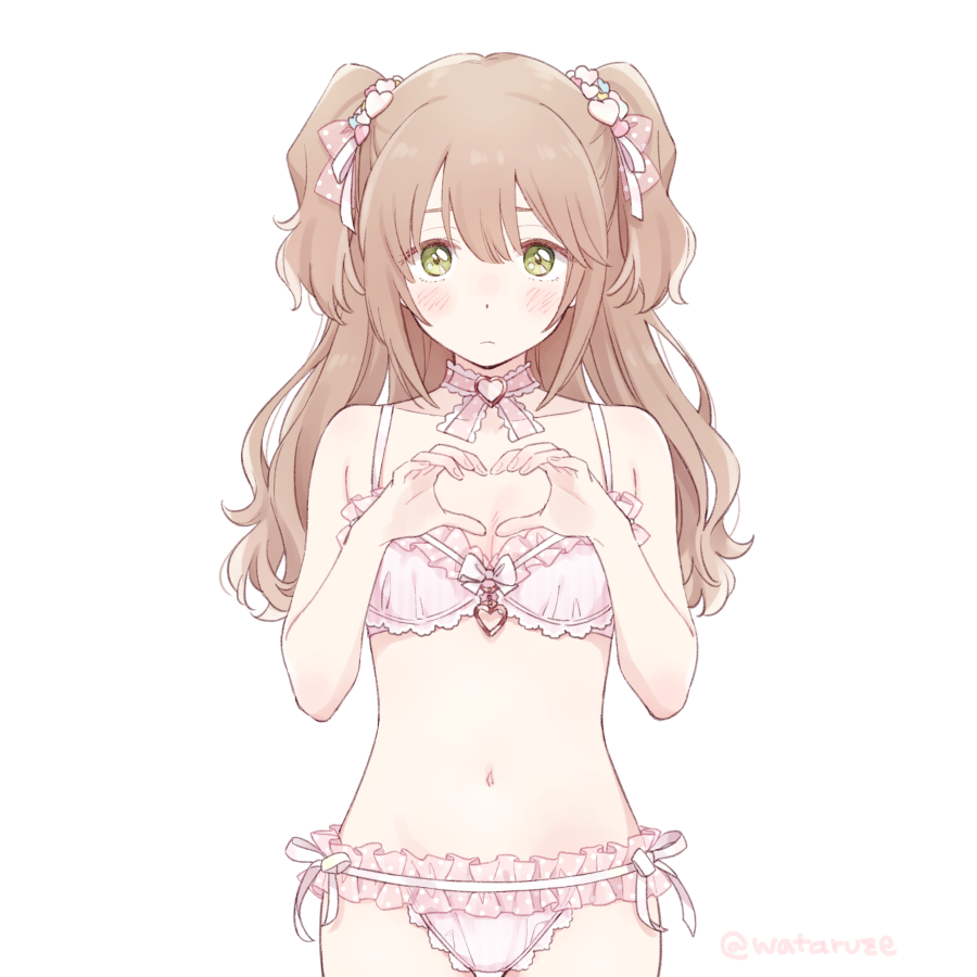 1girl, blush, bow, bowtie, bra, collarbone, demirinz, frilled_bra, frilled_panties, frills, green_eyes, hair_between_eyes, hair_bow, heart, heart_hands, light_brown_hair, looking_at_viewer, navel, original, panties, pink_bow, pink_bra, pink_panties, polka_dot, polka_dot_bow, side-tie_panties, simple_background, solo, two_side_up, underwear, underwear_only, white_background