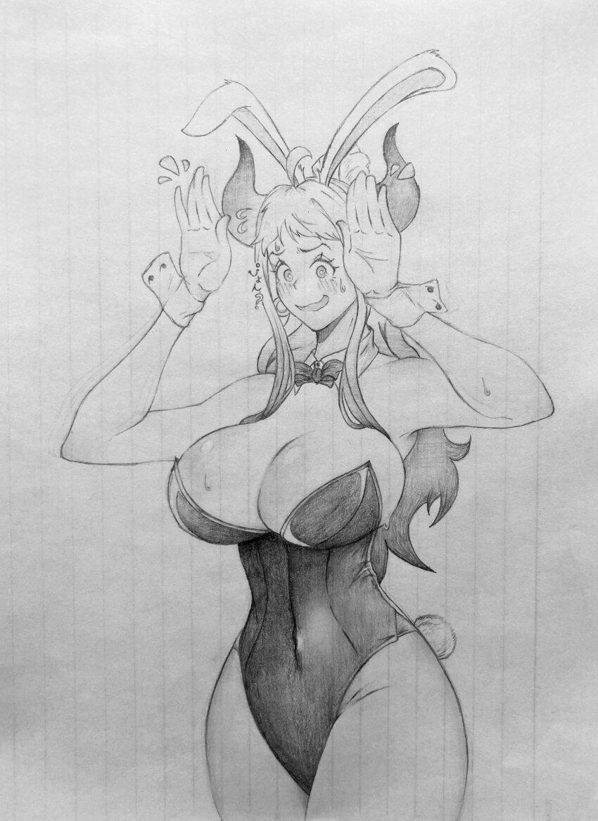 1girl, bare_shoulders, breasts, detached_collar, doduumon, highres, horns, large_breasts, long_hair, monochrome, one_piece, playboy_bunny, simple_background, smile, solo, standing, sweatdrop, thighs, yamato_(one_piece)