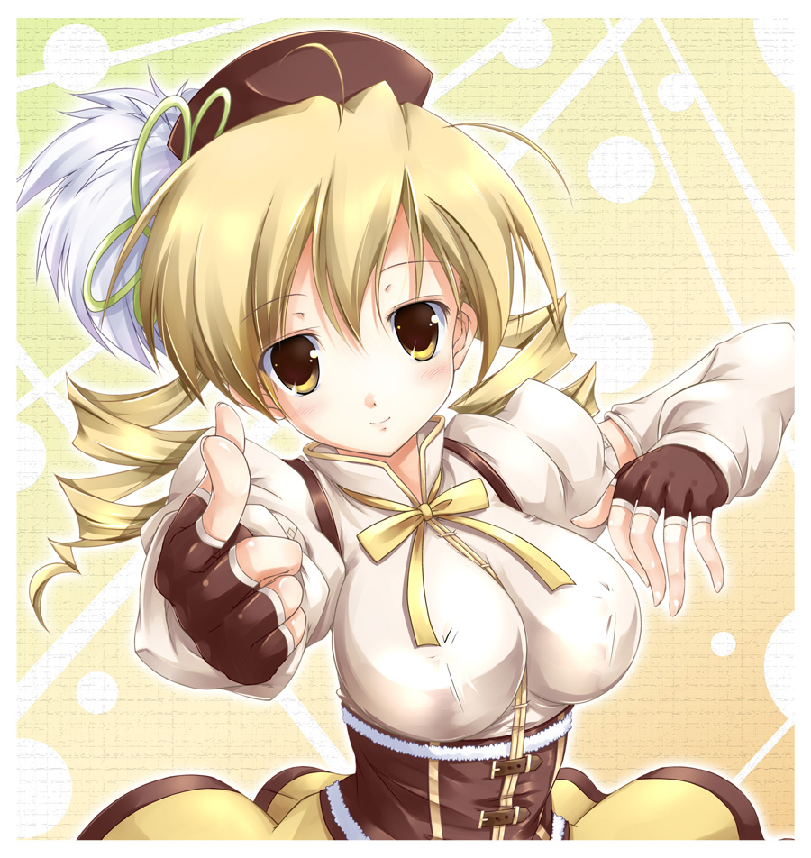 10s, 1girl, beret, blonde_hair, breasts, corset, detached_sleeves, drill_hair