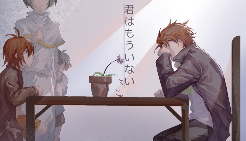 1girl, 3boys, antenna_hair, black_coat, black_hair, black_pants, brown_hair, brown_pants