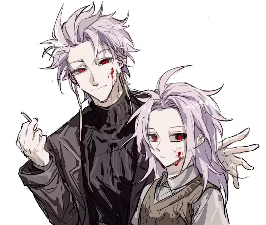 2boys, ahoge, alternate_costume, black_jacket, black_sweater, blood, blood_on_face, brown_sweater_vest