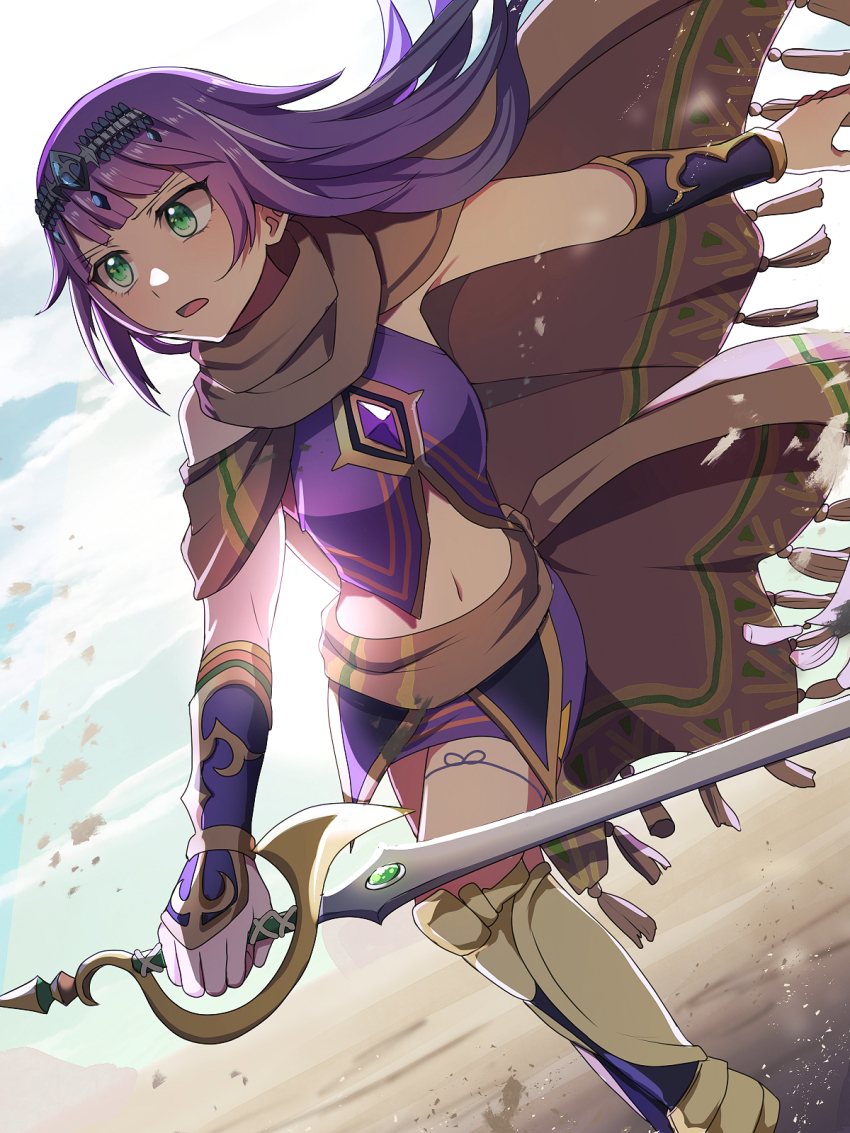 1girl, armor, brown_cloak, cloak, cloud, crop_top, duel_monster, gem