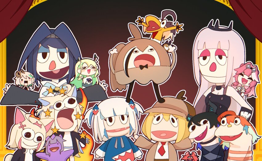 animal_ears, burning, cecilia_immergreen, cecilia_immergreen_(1st_costume), ceres_fauna, chef_hat, chibi, curtains, dog_ears, fang, fragglerock, fuwawa_abyssgard, gawr_gura, gigi_murin, goggles, goggles_on_head, hakos_baelz, hand_puppet, hat, highres, hololive, hololive_english, horns, hyurisaki, koseki_bijou, long_hair, mini_chef_hat, mini_hat, mococo_abyssgard, mole, mole_under_eye, mori_calliope, muppets, nanashi_mumei, nerissa_ravencroft, ouro_kronii, parody, ponytail, puppet, raora_panthera, raora_panthera_(1st_costume), smiling_friends, sock_puppet, star_(symbol), style_parody, takanashi_kiara, tiara, two_side_up, virtual_youtuber, watson_amelia