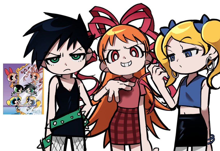//, 3girls, alternate_universe, belt, berserk_(ppg), black_dress, black_hair, black_skirt, blonde_hair, blue_bow, blue_eyes, blue_nails, blue_tank_top, bow, bracelet, brat_(ppg), bright_pupils, brute_(ppg), collared_shirt, crop_top, curled_fingers, dark_persona, dot_nose, dress, earrings, evil_grin, evil_smile, fingernails, fishnet_pantyhose, fishnets, frown, green_belt, green_eyes, grin, hair_bow, hair_ribbon, half-closed_eyes, hand_on_own_hip, hand_up, highres, hoop_earrings, jewelry, jjjjtaaaku, long_hair, long_ribbon, looking_at_hand, looking_at_viewer, medium_hair, multiple_bracelets, multiple_girls, navel, o3o, orange_hair, pantyhose, plaid_clothes, plaid_skirt, ponytail, powerpuff_girls, red_eyes, red_ribbon, red_shirt, red_skirt, reference_inset, ribbon, shirt, short_dress, short_hair, short_sleeves, siblings, sisters, skirt, sleeveless, sleeveless_dress, smile, spiked_belt, spiked_bracelet, spiked_hair, spikes, tank_top, triplets, twintails, v-shaped_eyebrows, white_pantyhose, white_pupils
