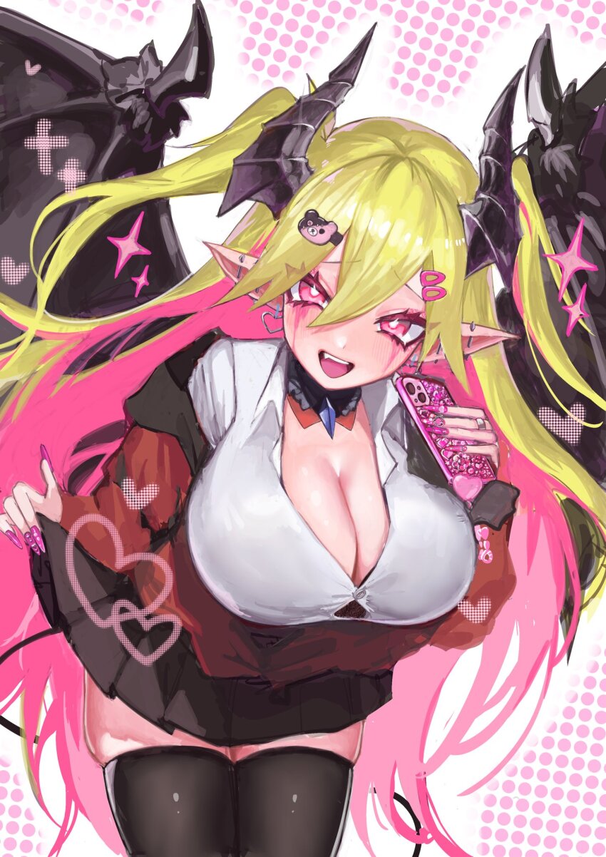 1girl, alternate_costume, blonde_hair, breasts, cellphone, cleavage, demon_girl, demon_horns