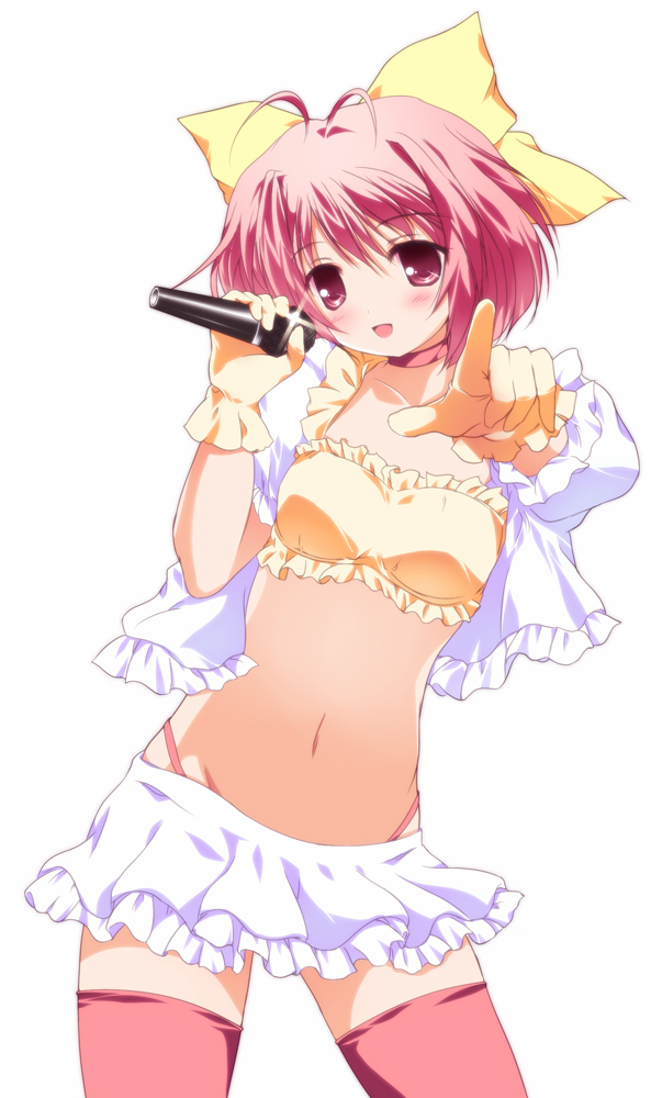 1girl, bad_id, bad_pixiv_id, bee_(bee0314), blush, bow, female_focus, flat_chest, gloves, jacket, kami_nomi_zo_shiru_sekai, microphone, midriff, miniskirt, nakagawa_kanon, navel, open_mouth, pink_eyes, pink_hair, short_hair, skirt, smile, solo, thighhighs