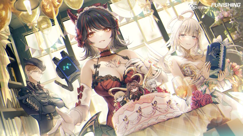 1boy, 2girls, absurdres, balloon, black_hair, black_hat, black_jacket, blonde_hair