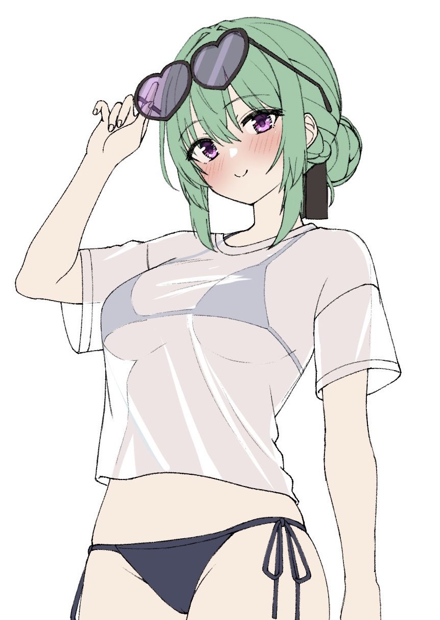 1girl, adjusting_eyewear, arm_at_side, bikini, black_bikini, black_ribbon, blush, breasts