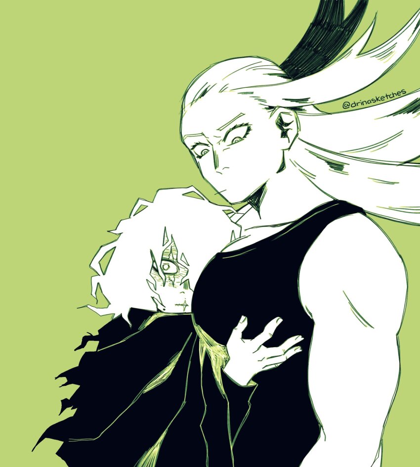 1boy, 1girl, between_breasts, boku_no_hero_academia, breasts, chapped_lips, cloak, closed_mouth, eyelashes, green_background, groping, head_between_breasts, hetero, highres, long_hair, long_sleeves, looking_at_viewer, looking_down, messy_hair, monochrome, muscular, muscular_female, scar, scar_across_eye, scar_on_face, scar_on_mouth, shigaraki_tomura, star_and_stripe_(boku_no_hero_academia), superevey1, tank_top, twitter_username, upper_body, wavy_hair, wrinkled_skin