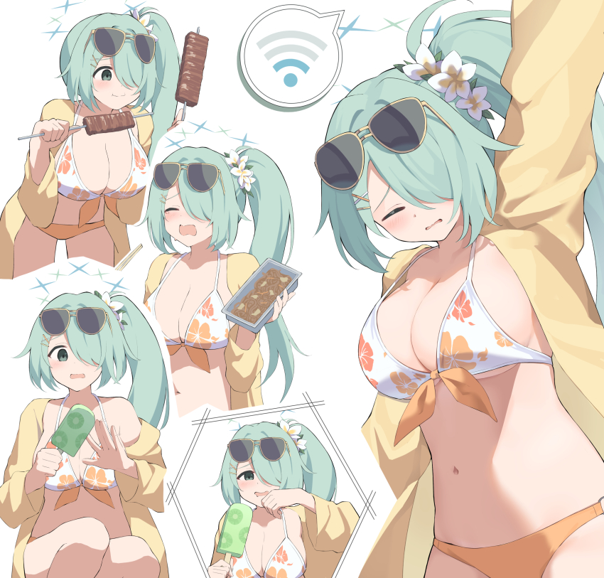 1girl, absurdres, aqua_hair, bikini, blue_archive, breasts, chopsticks, eating