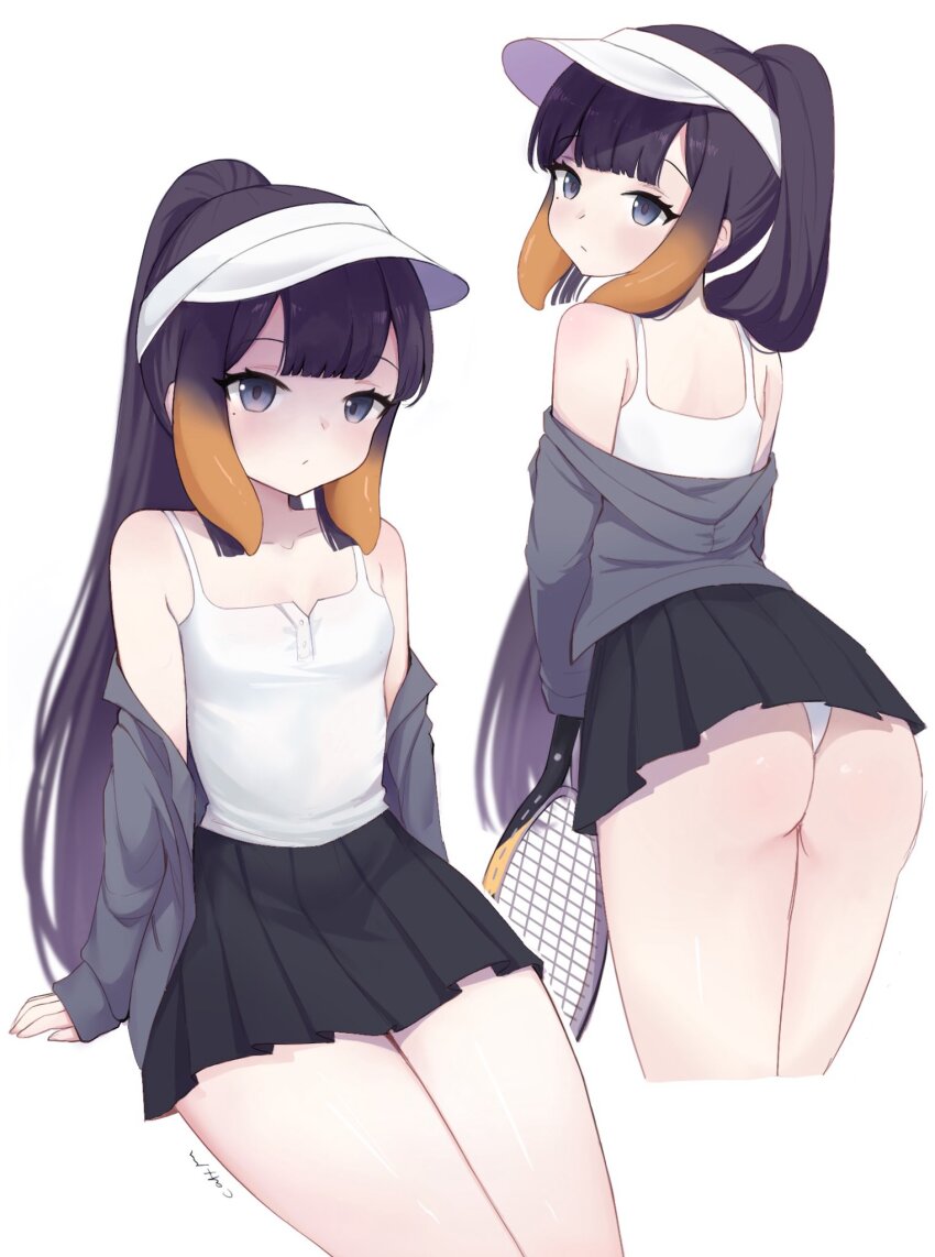 1girl, :/, alternate_costume, arm_support, ass, black_skirt, breasts, camisole, cattocut, closed_mouth, commentary, cropped_legs, double-parted_bangs, english_commentary, gradient_hair, grey_hoodie, high_ponytail, highres, hololive, hololive_english, hood, hoodie, invisible_chair, legs_together, light_blush, long_hair, long_sleeves, miniskirt, mole, mole_under_eye, multicolored_hair, multiple_views, ninomae_ina'nis, off_shoulder, open_clothes, open_hoodie, orange_hair, panties, pleated_skirt, ponytail, purple_eyes, purple_hair, racket, sidelocks, signature, simple_background, sitting, skirt, sleeves_past_wrists, small_breasts, tennis_racket, tentacle_hair, thong, turning_head, two-tone_hair, underbutt, underwear, very_long_hair, virtual_youtuber, visor_cap, white_background, white_camisole, white_panties