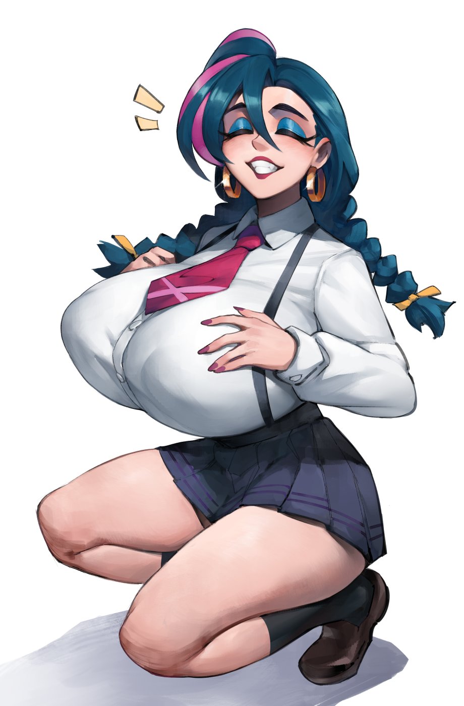 1girl, ^_^, blue_hair, breasts, closed_eyes, dress_shirt, fingernails, highres