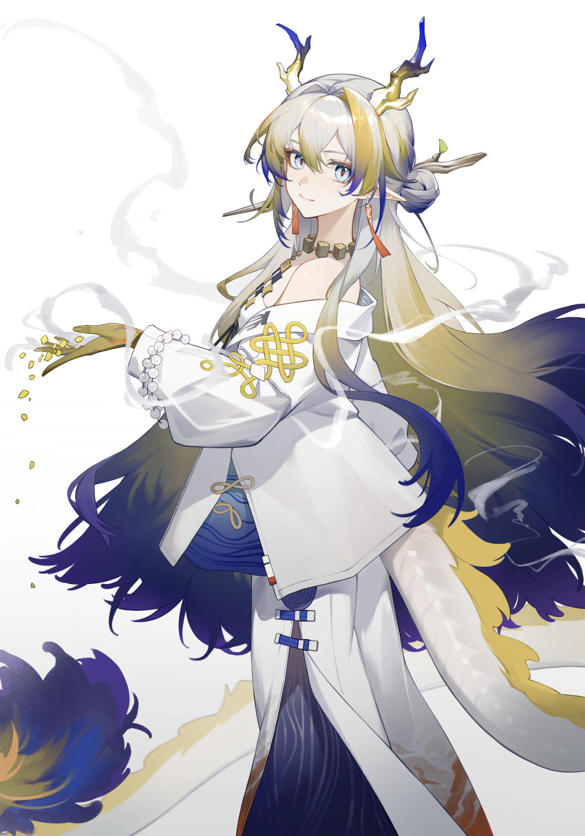 1girl, 2sankta, absurdres, arknights, bare_shoulders, beads, blonde_hair, blue_eyes