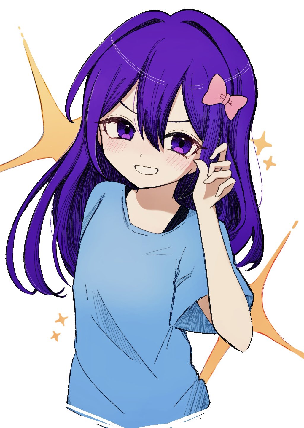 1girl, aubrey_(headspace)_(omori), aubrey_(omori), blue_shirt, blush, bow, hair_bow, highres