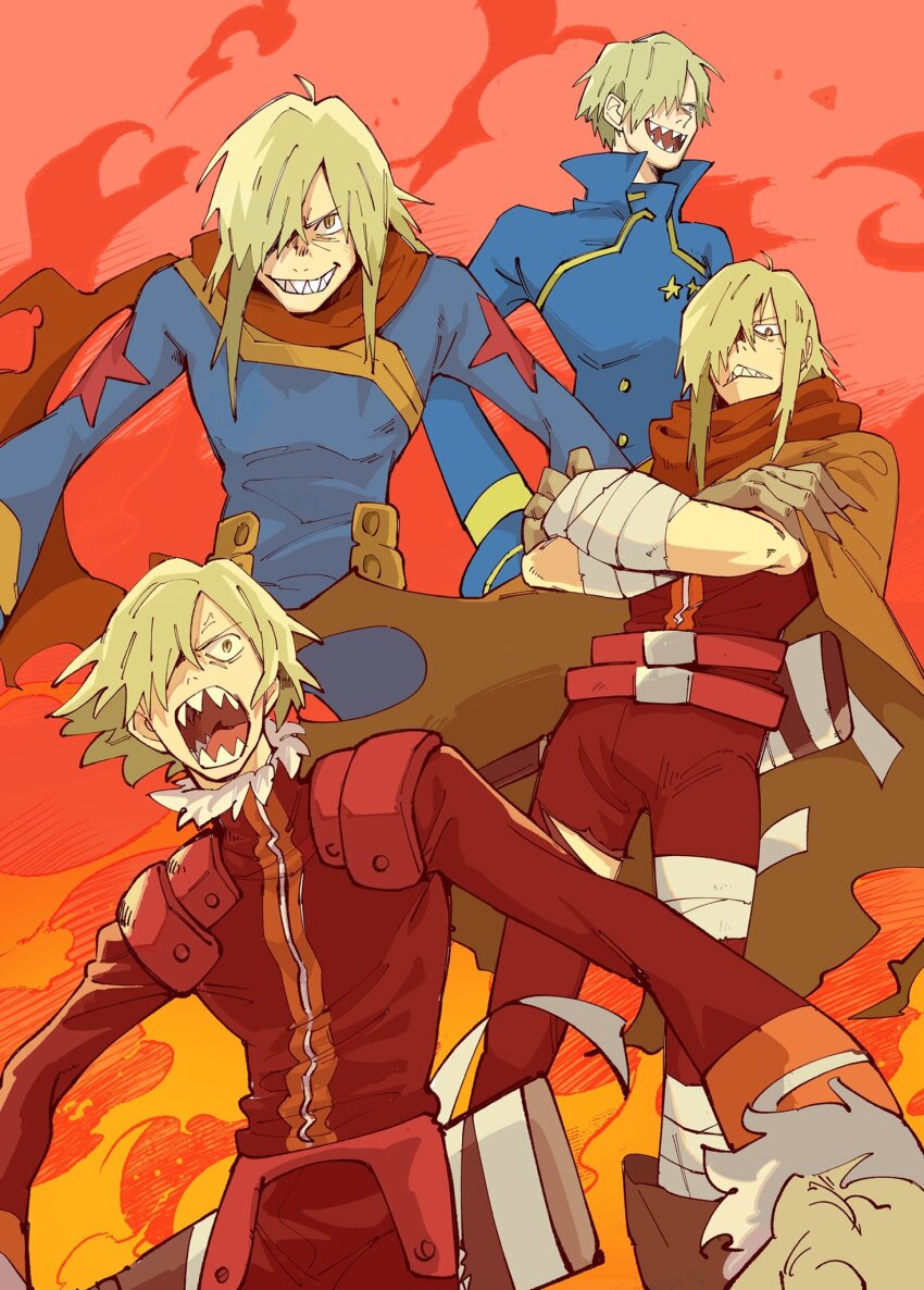 1boy, :<, arm_wrap, belt, blonde_hair, blue_jacket, claws, cloak, commentary, crossed_arms, grin, hair_over_one_eye, high_collar, highres, jacket, leg_wrap, long_hair, long_sleeves, looking_at_viewer, male_focus, multiple_belts, multiple_views, one_eye_covered, open_mouth, pants, red_background, red_belt, red_jacket, red_pants, red_scarf, rokudenaru, scarf, sharp_teeth, short_hair, shouting, smile, star_(symbol), teeth, tengen_toppa_gurren_lagann, tongue, torn_cloak, torn_clothes, viral_(ttgl), yellow_cloak