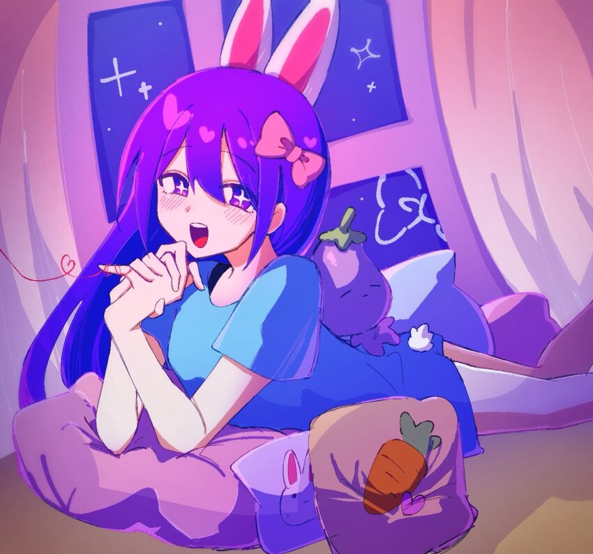 +_+, 1girl, animal_ears, aubrey_(headspace)_(omori), aubrey_(omori), blue_shirt, blush, curtains