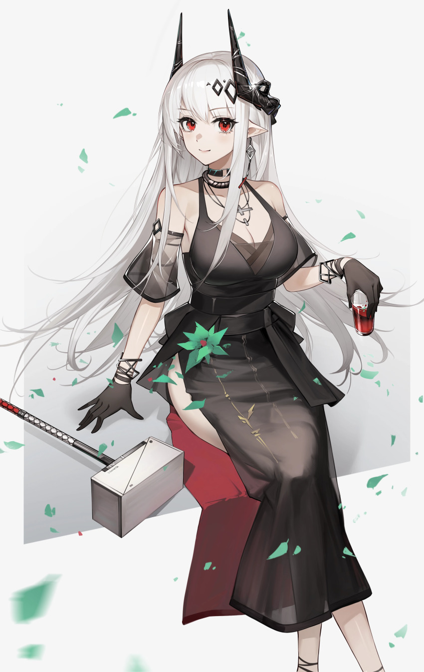 1girl, 2sankta, absurdres, alcohol, arknights, bare_shoulders, black_dress, black_gloves