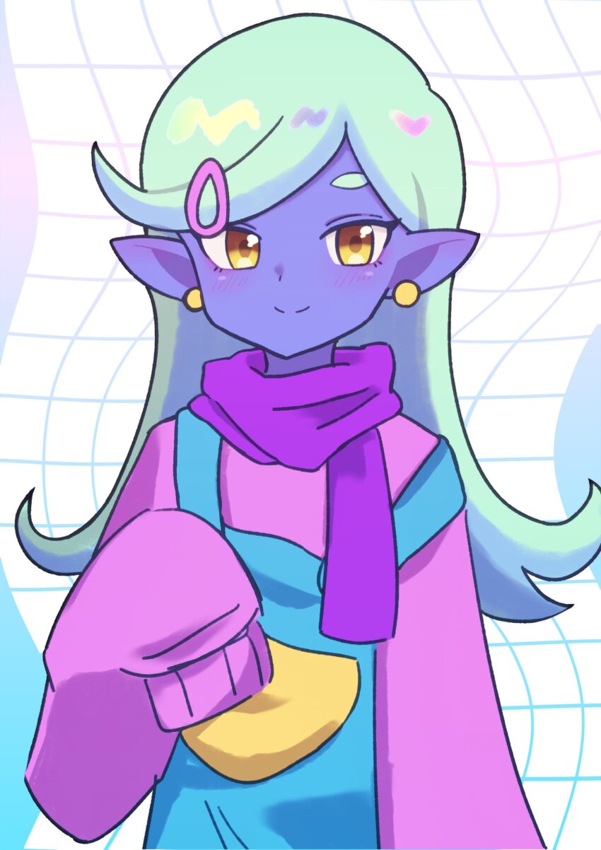 1boy, blush, brown_eyes, closed_mouth, colored_skin, ear_piercing, green_hair, hair_ornament