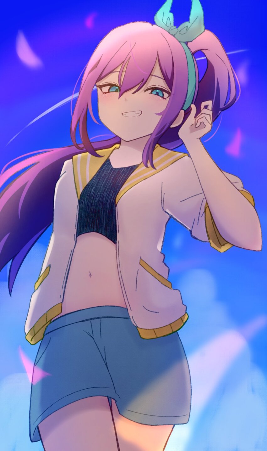 1girl, alternate_hairstyle, aubrey_(faraway)_(omori), aubrey_(omori), blue_eyes, blue_skirt, crop_top, day, denim, denim_skirt, grin, hairband, highres, jacket, long_hair, looking_at_viewer, navel, omori, outdoors, parted_lips, pink_hair, short_sleeves, skirt, smile, solo, teeth, white_jacket, yu_kuli