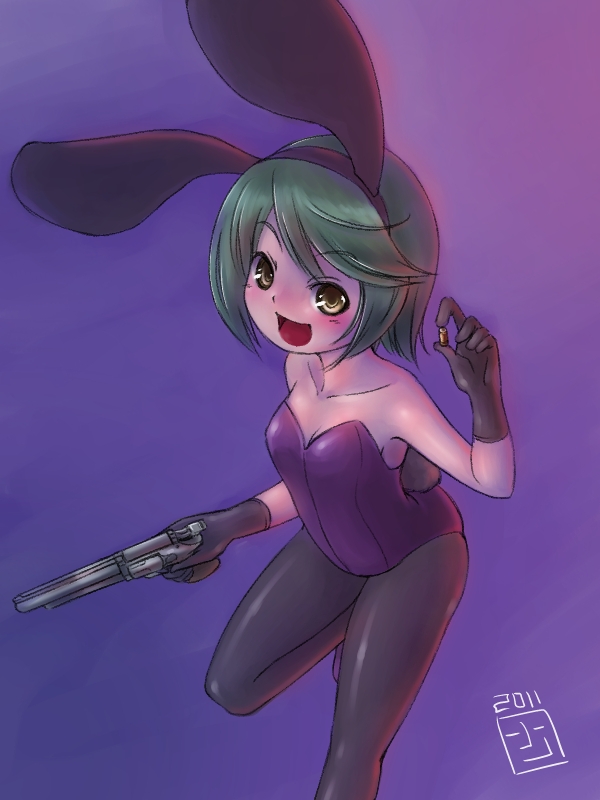 1girl, animal_ears, brown_eyes, fake_animal_ears, female_focus, gloves, green_hair, gun