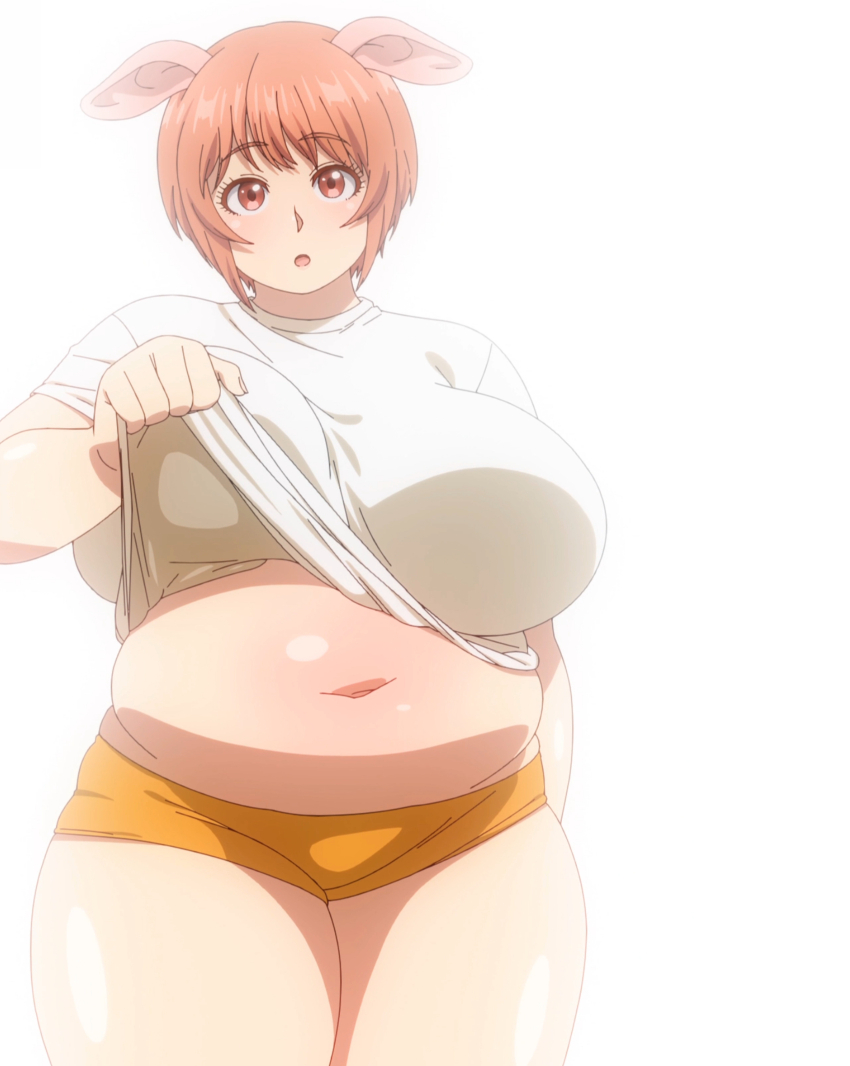 1girl, :o, absurdres, animal_ears, anime_screenshot, arm_behind_back, belly, breasts