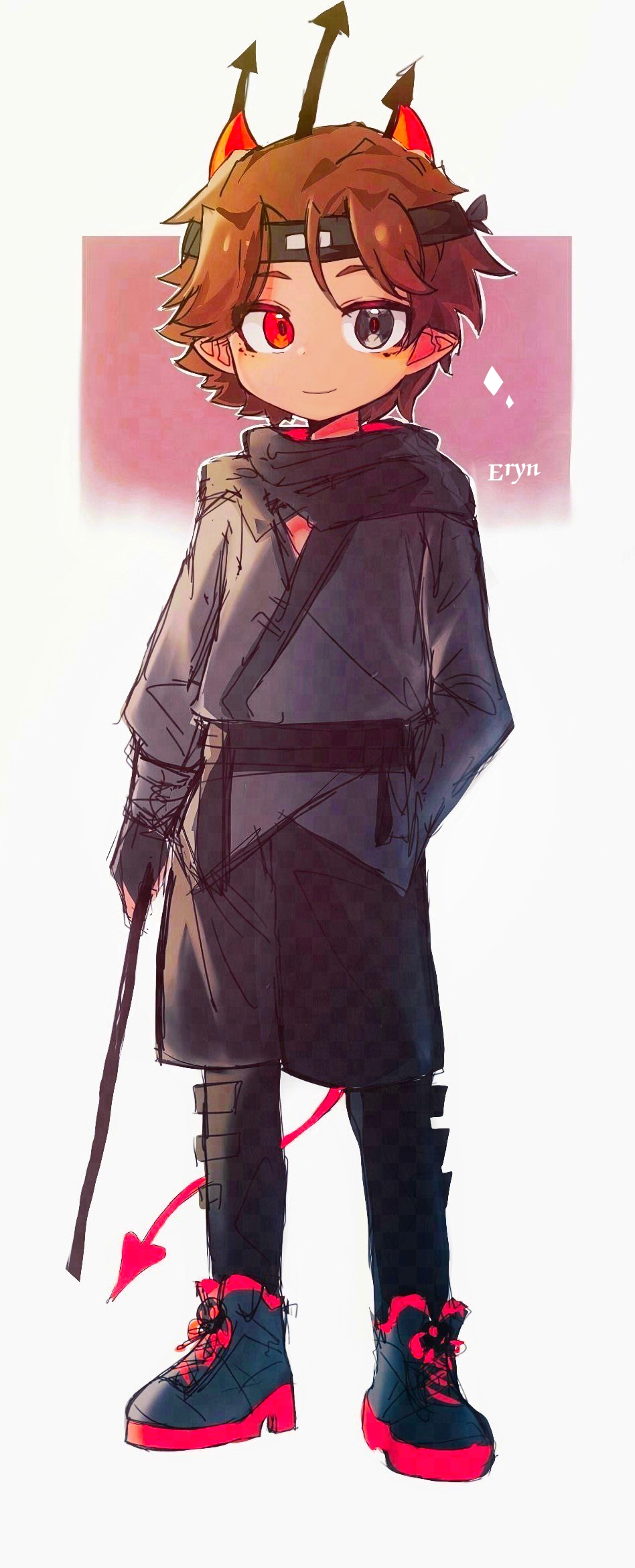 1boy, aged_down, animification, black_boots, boots, brown_hair, character_name, child, chinese_commentary, commentary_request, dark-skinned_male, dark_skin, demon_boy, demon_horns, demon_tail, dream_smp, erynstreams, full_body, grey_eyes, headband, heterochromia, highres, hkchu, holding, holding_pitchfork, horns, looking_at_viewer, male_focus, minecraft_youtube, pitchfork, pointy_ears, red_eyes, shoes, short_hair, simple_background, sketch, smile, solo, standing, tail, white_background